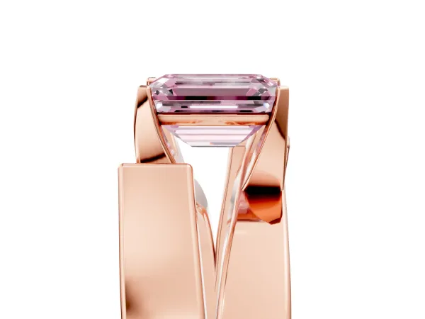 Fancy Pink Modern Tension Set Emerald Cut Diamond Solitaire Wide Band Ring Rose gold