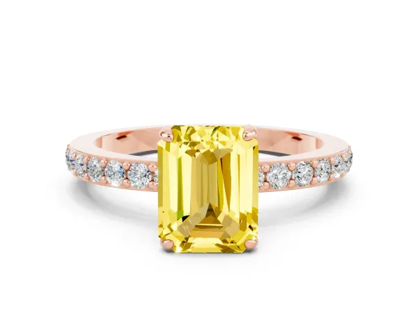 Emerald Cut Yellow Sapphire Solitaire Engagement Ring with Pavé Band and Four-Prong Setting Rose gold