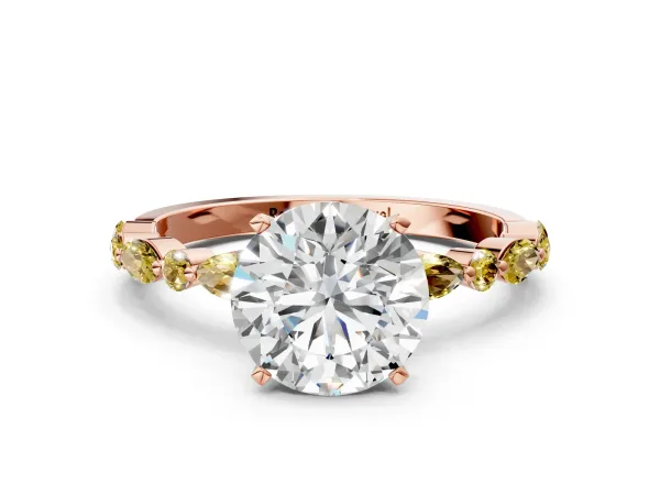 Round Cut Diamond Ring with Marquise and Round Yellow Sapphire Side Stones and Four-Prong Setting Rose gold