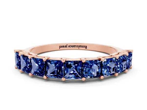 Princess Cut Blue Sapphire Channel-Set Eternity Band with Prong Setting Rose gold