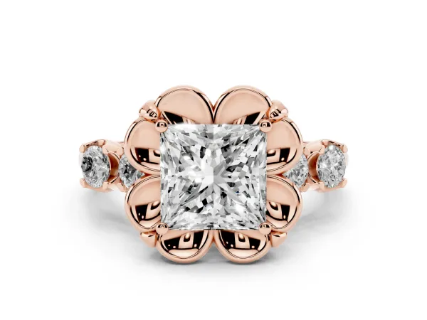 Princess Cut Cut Diamond Floral Halo Engagement Ring with Shared Prong Setting Rose gold
