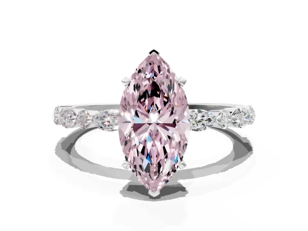 Fancy Pink Marquise Cut Diamond Ring with Marquise and Round Side Stones and Four-Prong Setting White gold