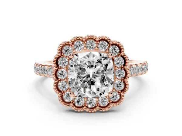Cushion Cut Cut Diamond Milgrain Floral Halo Engagement Ring with Pavé Band Rose gold