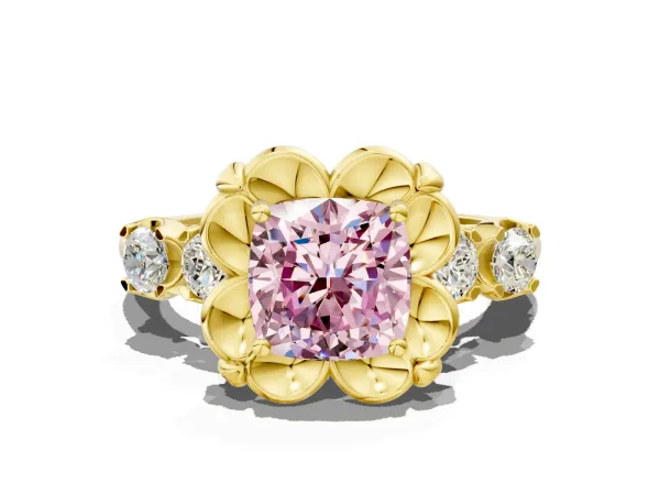 Fancy Pink Cushion Cut Cut Diamond Floral Halo Engagement Ring with Shared Prong Setting Yellow gold