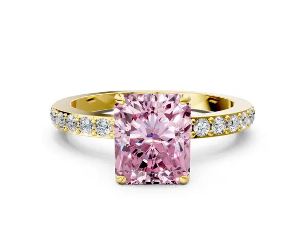 Fancy Pink Radiant Cut Diamond Solitaire Engagement Ring with Pavé Band and Four-Prong Setting Yellow gold