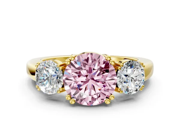 Fancy Pink Three-Stone Round Cut Cut Diamond Ring with Channel Set Band and Four-Prong Setting Yellow gold