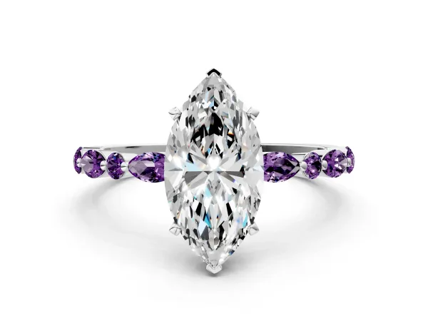 Marquise Cut Diamond Ring with Marquise and Round Amethyst Side Stones and Four-Prong Setting White gold