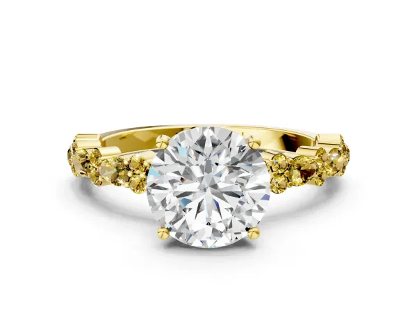 Round Cut Diamond Side Stone Solitaire Ring with Round Yellow Sapphire and Four-Prong Setting Yellow gold