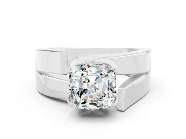 Modern Tension Set Cushion Cut Moissanite Solitaire Wide Band Ring Platinum