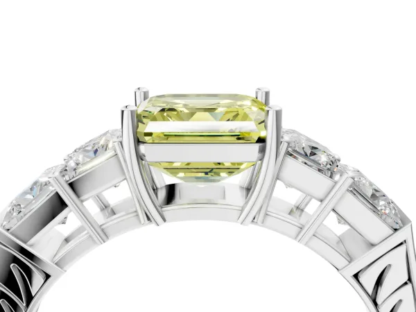 Fancy Yellow Asscher Cut Solitaire Princess Side Stone Engraved Band Prong Setting Ring Silver