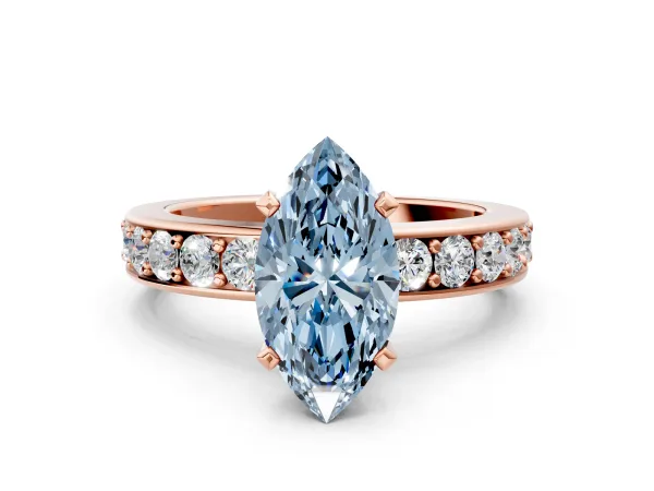 Fancy Blue Marquise Cut Diamond Engagement Ring with Channel Set Round Band and Prong Setting Rose gold