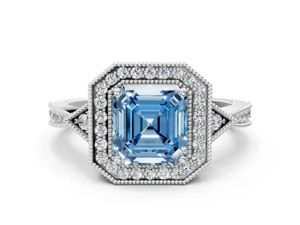 Fancy Blue Asscher Cut Halo Round Diamond Milgrain Pave Engagement Ring Platinum