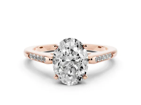 Oval Cut Diamond Solitaire Ring with Channel Set Round Band and Prong Setting Rose gold