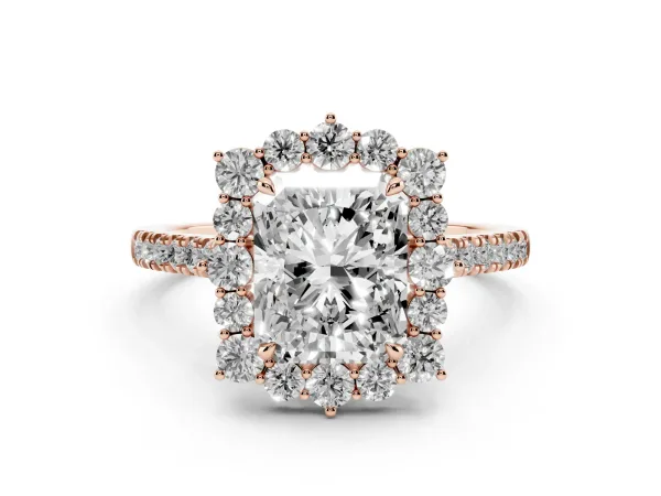 Radiant Cut Halo Diamond Ring with Pavé Band and Prong Setting Rose gold