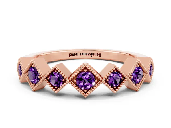 Milgrain Square Bezel Round Amethyst Chevron Band Rose gold
