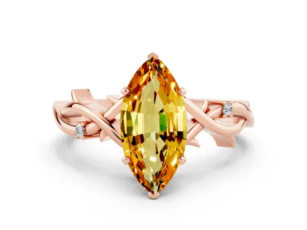 Marquise Cut Citrine Solitaire Ring with Milgrain Pavé Band and Four-Prong Setting Rose gold