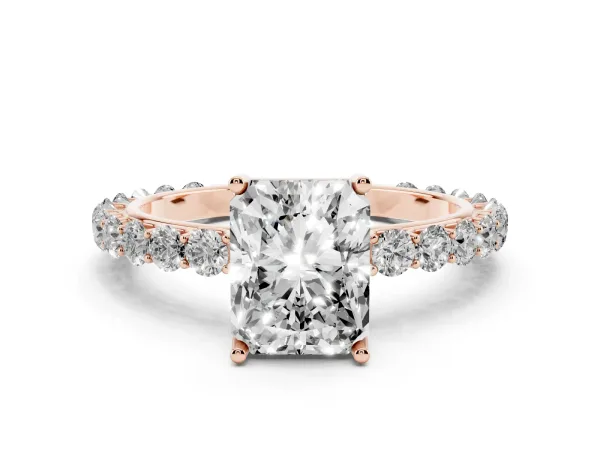 Radiant Cut Cut Diamond Solitaire Ring with U-Prong Diamond Band and Four Prong Setting Rose gold