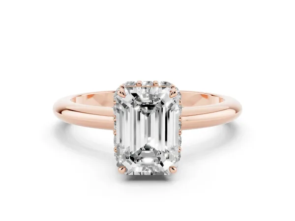 Emerald Cut Brilliant Solitaire Engagement Ring with Six-Prong Setting and Classic Band Rose gold