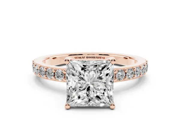 Princess Cut Cut Diamond Solitaire with Pave Band and Four-Prong Setting Rose gold