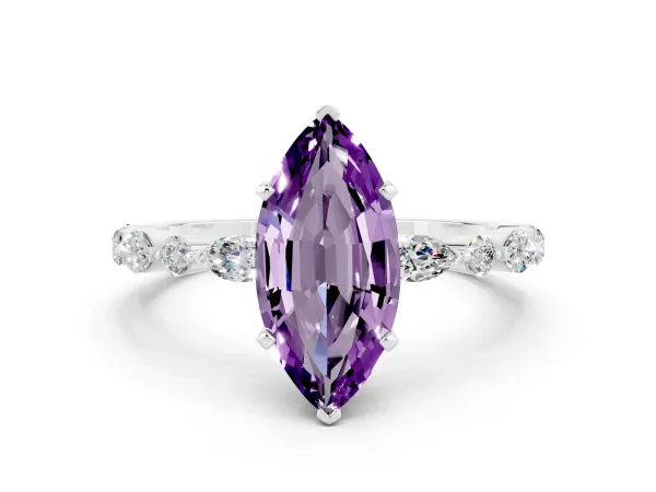 Marquise Cut Amethyst Ring with Marquise and Round Side Stones and Four-Prong Setting White gold