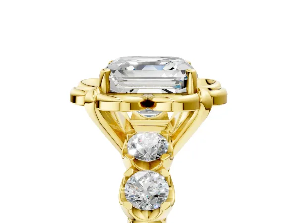 Asscher Cut Cut Diamond Floral Halo Engagement Ring with Shared Prong Setting Yellow gold