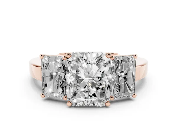 Three-Stone Radiant Cut Cut Diamond Engagement Ring with Flat Band and Four-Prong Setting Rose gold