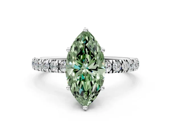 Fancy Green Marquise Cut Diamond Pave Band Solitaire Ring with Round and Prong Setting White gold
