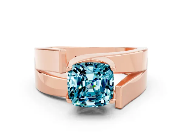 Modern Tension Set Cushion Cut Blue Topaz Solitaire Wide Band Ring Rose gold