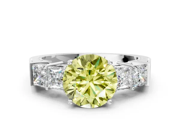 Fancy Yellow Round Cut Solitaire Princess Side Stone Engraved Band Prong Setting Ring Platinum