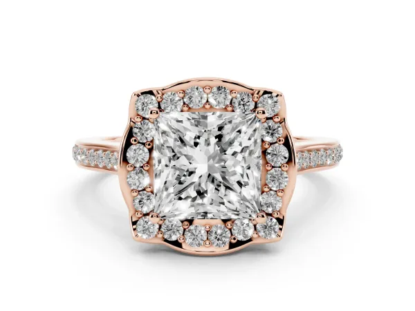 Princess Cut Halo Round Diamond Pave Band with Four-Prong Setting Rose gold