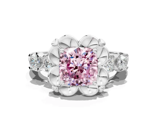 Fancy Pink Cushion Cut Cut Diamond Floral Halo Engagement Ring with Shared Prong Setting Platinum