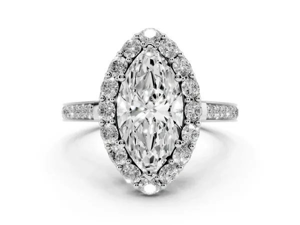 Marquise Cut Diamond Floral Halo Ring with Pavé Band and Prong Setting Platinum
