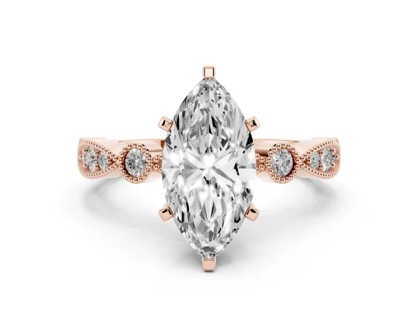 Marquise Cut Milgrain Bezel Diamond Engagement Ring with Solitaire Prong Setting Rose gold