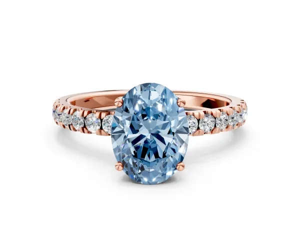 Fancy Blue Oval Cut Diamond Pave Band Solitaire Ring with Round and Prong Setting Rose gold