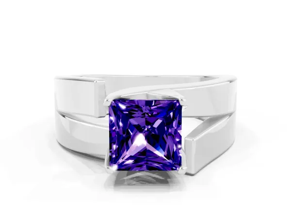 Modern Tension Set Princess Cut Tanzanite Solitaire Wide Band Ring Platinum