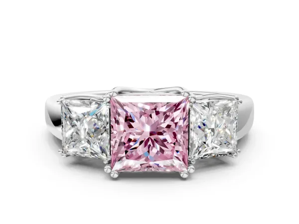 Fancy Pink Three-Stone Princess Cut Cut Diamond Ring with Channel Set Band and Four-Prong Setting Platinum
