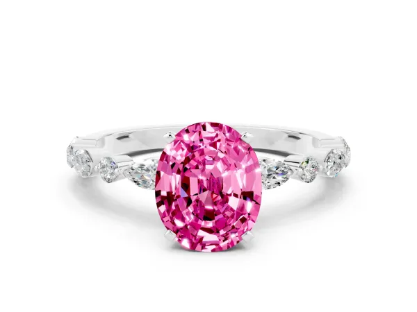 Oval Cut Pink Sapphire Ring with Marquise and Round Side Stones and Four-Prong Setting White gold