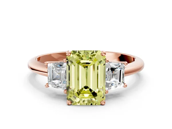 Fancy Yellow Emerald Cut Diamond Three-Stone Ring with Trapezoid Side Stones and Prong Setting Rose gold