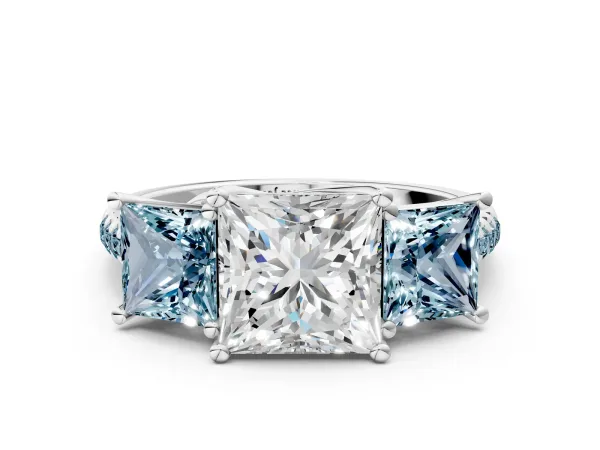 Three-Stone Princess Cut Diamond Ring with Round Aquamarine Pavé Band and Prong Setting Platinum