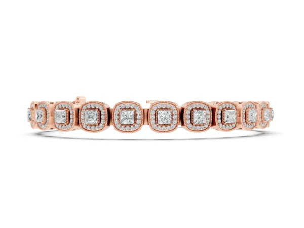 Cushion Halo Diamond Tennis Bracelet with Channel Band and Bezel Setting Rose gold