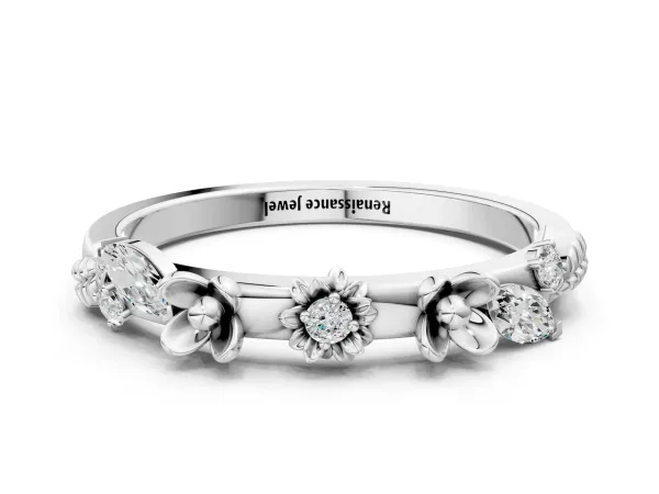 Floral Diamond Band with Round and Marquise Stones, White Gold, Prong Setting Platinum