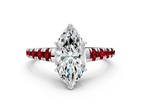 Marquise Cut Diamond Cathedral Solitaire Ring with Round Ruby Pavé Band White gold