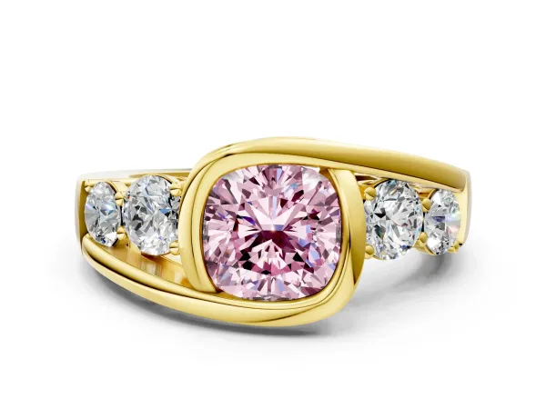 Fancy Pink Bezel Set Cushion Cut Diamond Bypass Ring with Round Accents Yellow gold