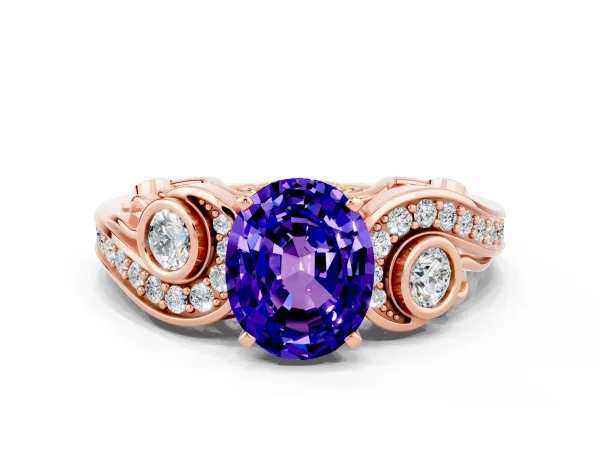 Oval Cut Tanzanite Solitaire Ring with Milgrain Pavé Band and Four-Prong Setting Rose gold