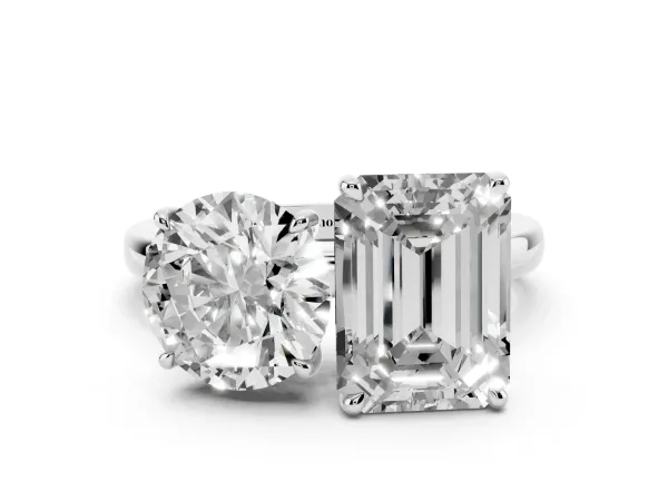 Round Cut and Emerald Cut Toi Moi Ring with Prong Setting Platinum
