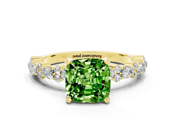 Cushion Cut Peridot Side Stone Solitaire Ring with Round and Four-Prong Setting Yellow gold