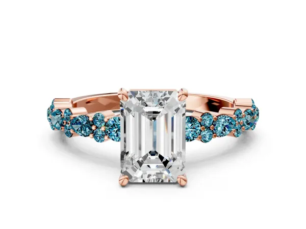 Emerald Cut Diamond Side Stone Solitaire Ring with Round Blue Topaz and Four-Prong Setting Rose gold