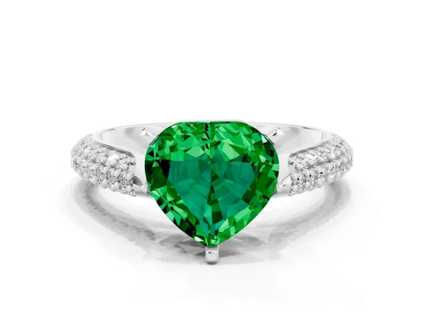 Heart Cut Emerald Solitaire Engagement Ring with Multi-Row Round Pavé Band and Prong Setting Platinum