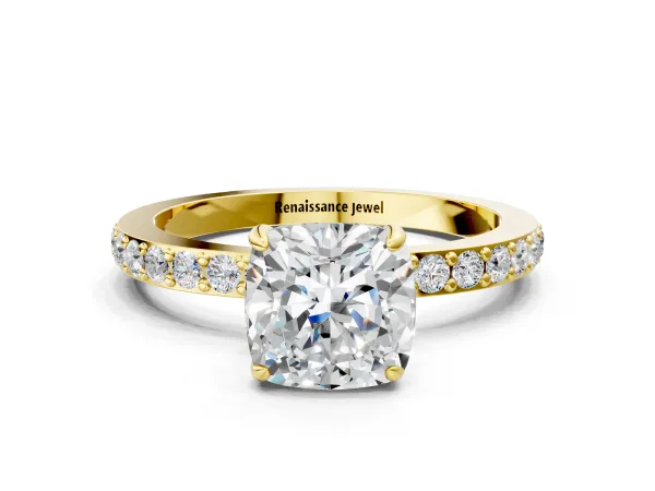Cushion Cut Diamond Solitaire Engagement Ring with Pavé Band and Four-Prong Setting Yellow gold