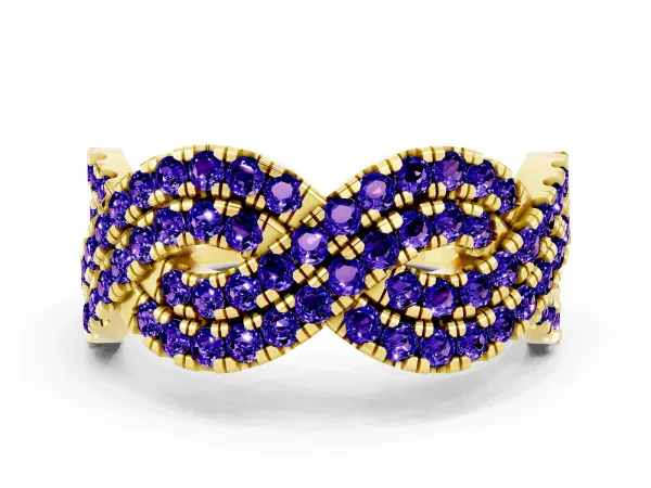 Pavé Round Tanzanite Infinity Twist Band with Shared Prong Setting Yellow gold